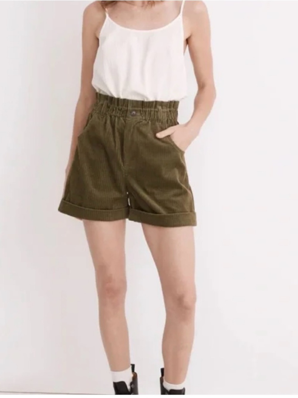 Madewell Olive High-Rise Corduroy Paperbag Shorts